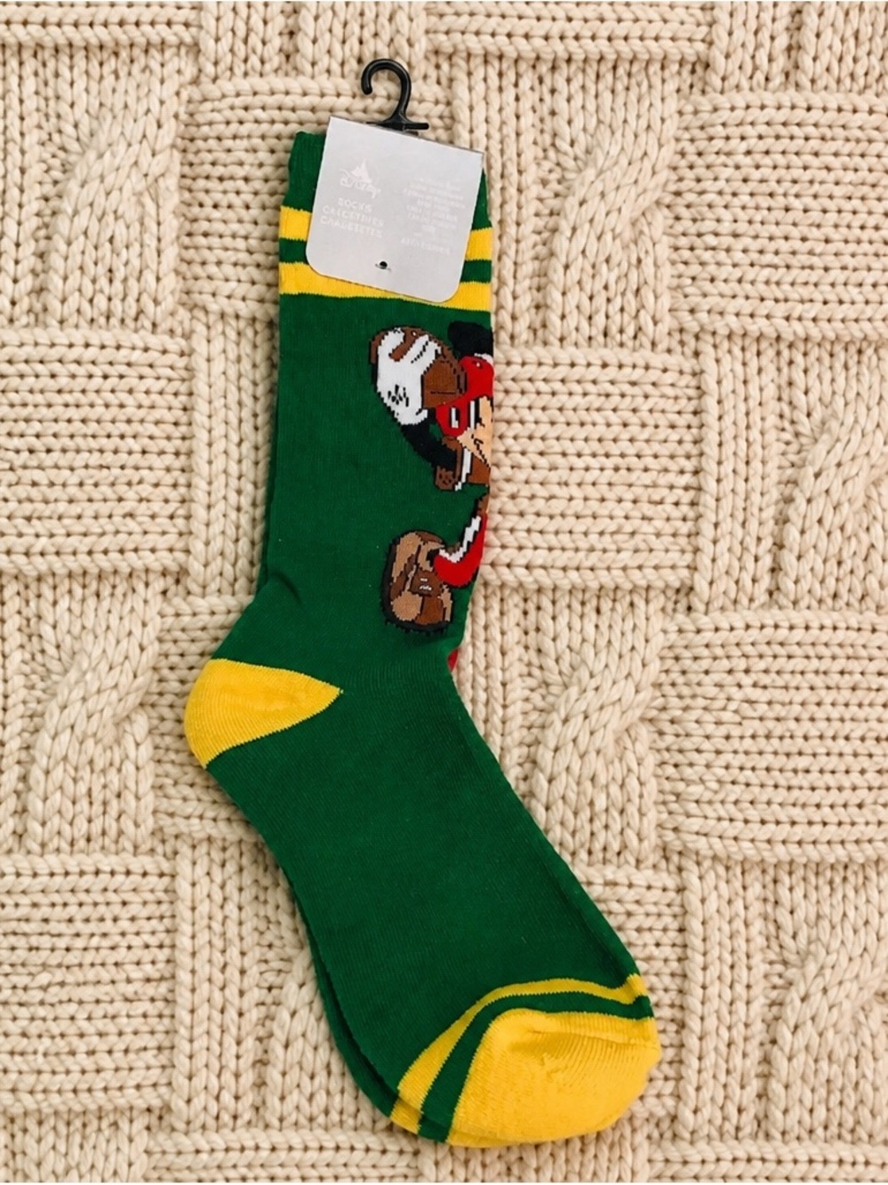 Disney Adult Socks - Mickey Mouse Football - Green And Gold Crew Socks